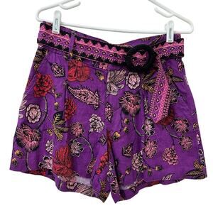Nicole Miller NWOT Womens 6 100% Flax Linen Purple Floral High Rise Shorts Boho